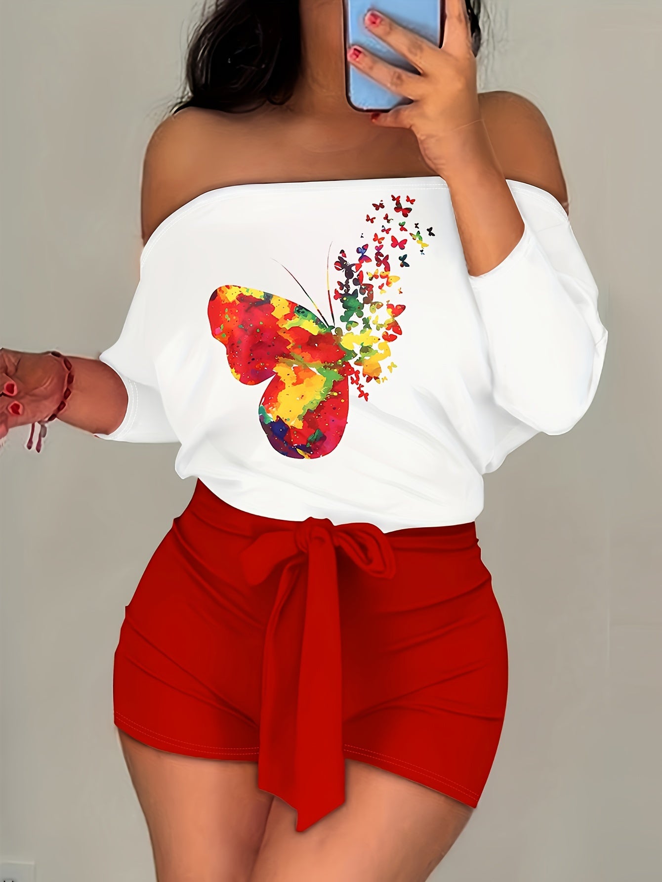 Color Block Graphic Print Romper Jumpsuit, Casual Off Shoulder Long Sleeve Tie Waist Slim Romper Jumpsuit, Women's Clothing